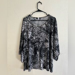 Studio 1940 black and white animal print blouse with scattered silver sequins 3X